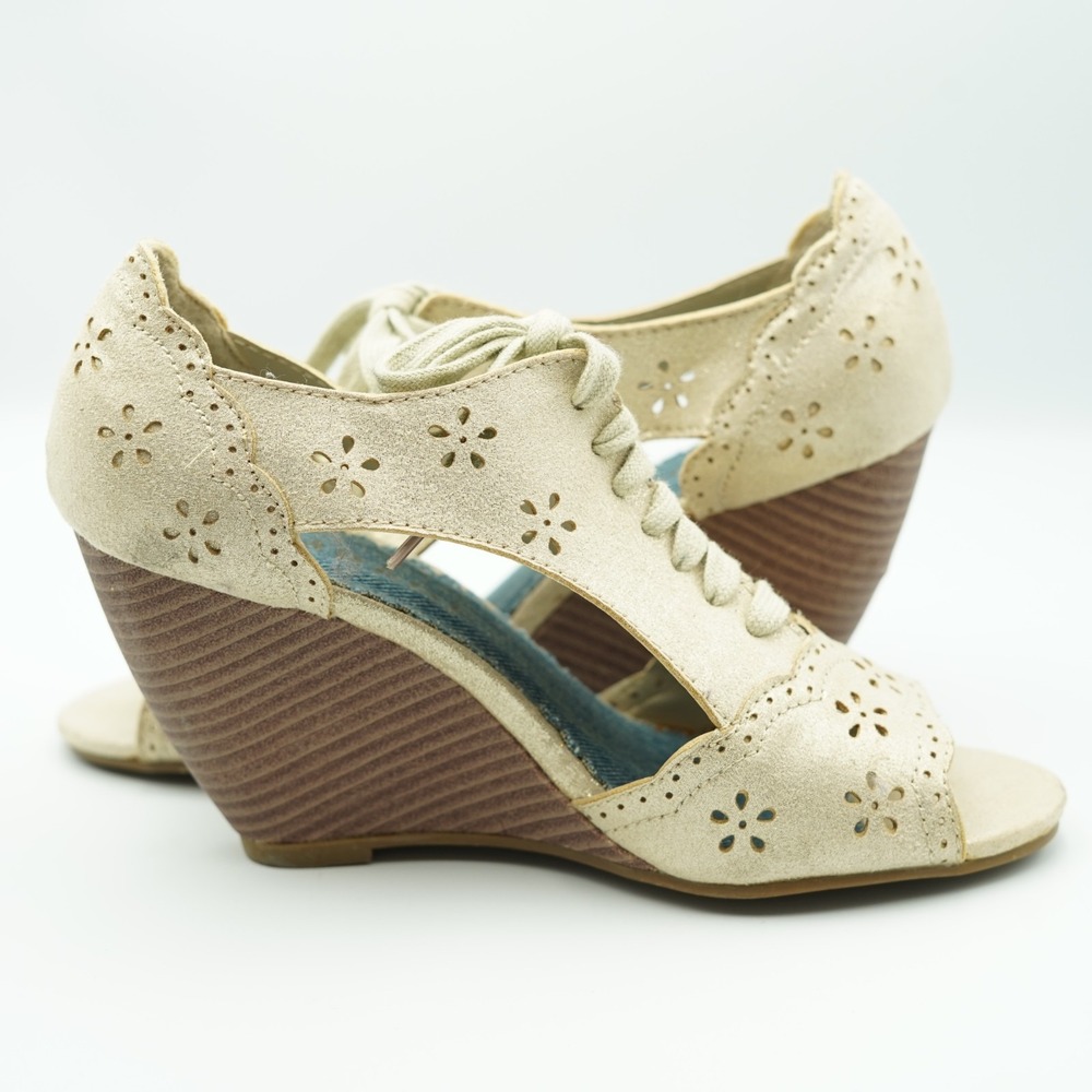 Rampage Wedge Wood Y2K 90s Sparkle Womens 7 Lace Bridgerton Peep Tie Gold Suede